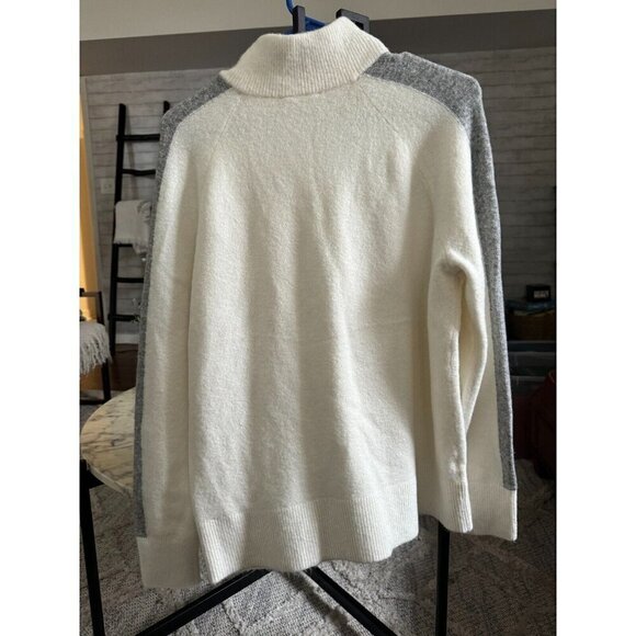 Lou & Grey Mock Neck Wool Cream Grey Stripe Ski Style Zipper Sweater Size M - Picture 3 of 6